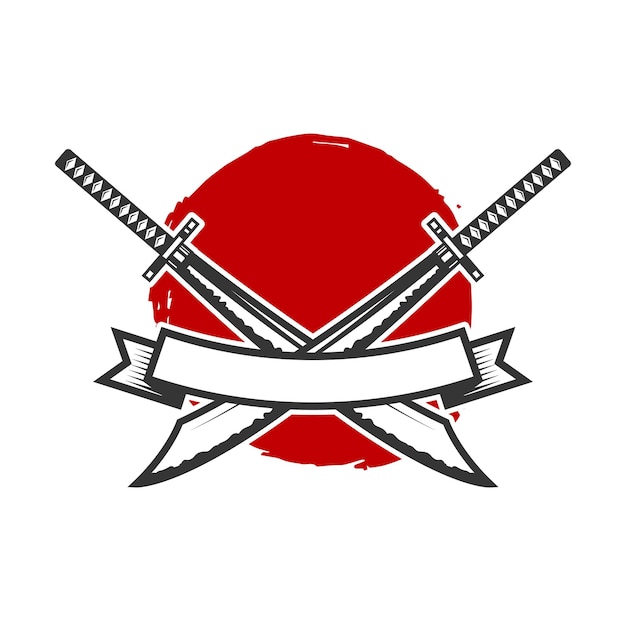 Vector emblema con espadas katana cruzadas elemento de diseño para la camiseta del cartel del cartel de la etiqueta del logotipo ilustración vectorial