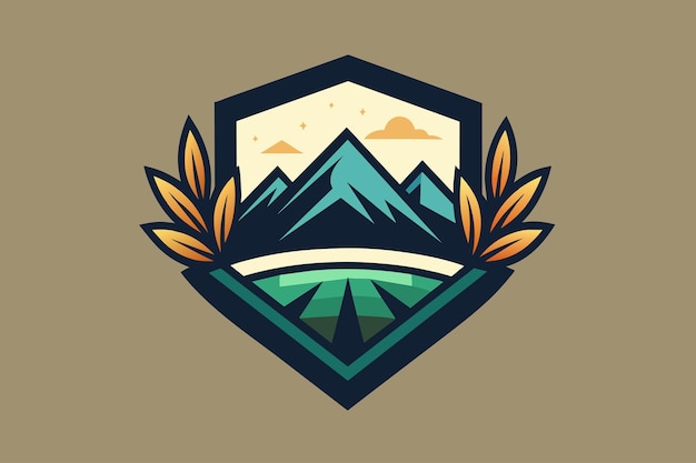 Emblema estilizado de un pico de montaña rodeado de hojas de laurel