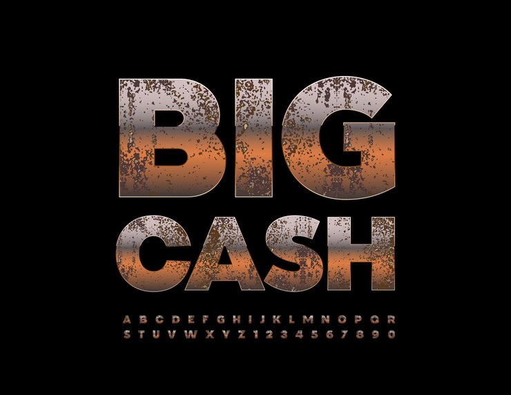 Vector emblema con estilo vectorial big cash estilo antiguo fuente letras y números del alfabeto metálico de moda