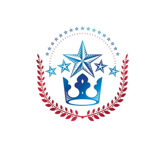 Emblema de estrella militar creado con corona real y corona de laurel. Elemento de diseño vectorial heráldico, insignia de garantía de 5 estrellas. Etiqueta de estilo retro, logotipo heráldico.