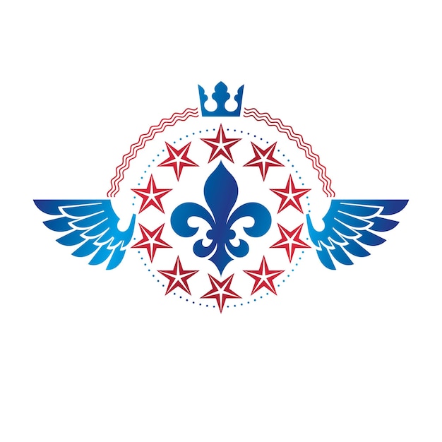 Emblema de estrella militar, símbolo de premio de victoria alado creado con corona imperial. Logotipo decorativo del escudo de armas heráldico aislado ilustración vectorial.
