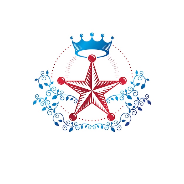 Emblema de estrella militar, símbolo de premio de victoria creado con corona imperial y adorno floral. Logotipo decorativo del escudo de armas heráldico aislado ilustración vectorial.