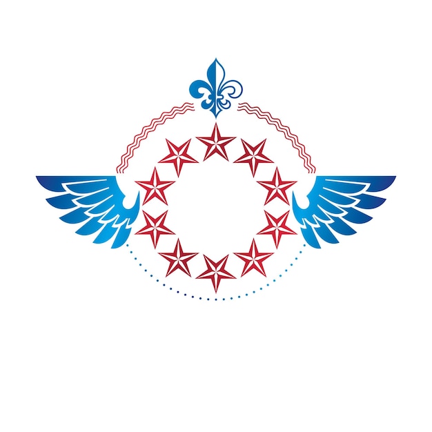 Emblema de estrellas pentagonales creado con flor de lirio real y adorno floral, símbolo de tema de unión. Escudo de armas heráldico, logotipo vectorial vintage.