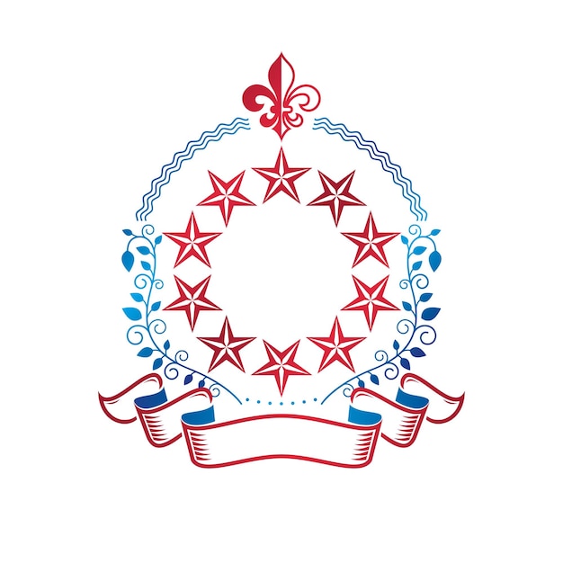 Emblema de estrellas pentagonales creado con flor de lirio real y corona de laurel, símbolo de tema de unión. Escudo de armas heráldico, logotipo vectorial vintage.
