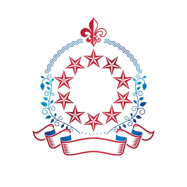 Emblema de estrellas pentagonales creado con flor de lirio real y corona de laurel, símbolo de tema de unión. Escudo de armas heráldico, logotipo vectorial vintage.