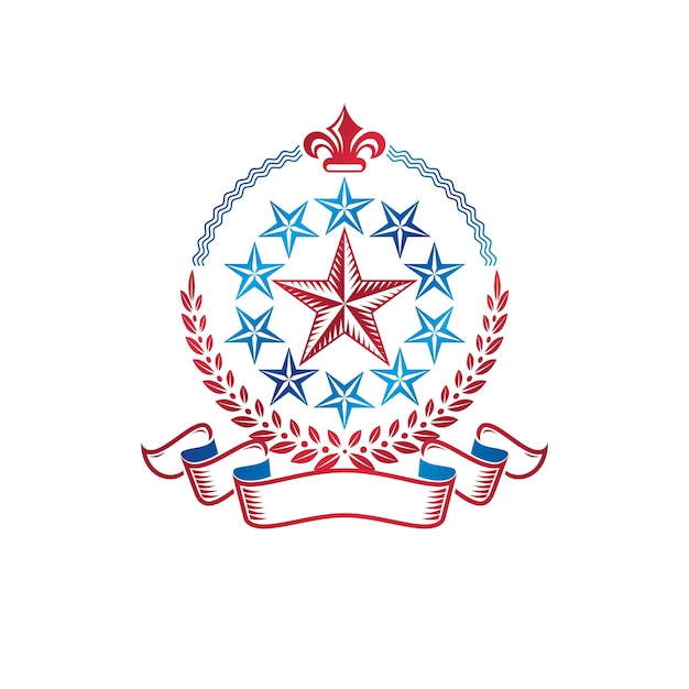 Emblema de estrellas pentagonales creado con flor de lirio real y corona de laurel, símbolo de tema de unión. Escudo de armas heráldico, logotipo vectorial vintage.