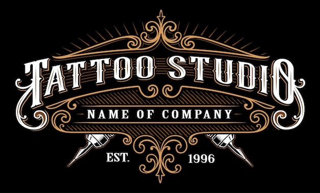 Emblema de estudio de tatuajes vintage. Letras de tatuaje en marco de estilo retro. El texto está en la capa separada. (versión para fondo oscuro)