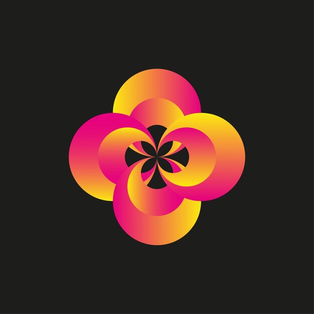 El emblema de la flor de gradiente es una mezcla de color amarillo rosa con contraste de fondo negro y pétalos véctores vívidos.