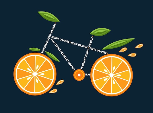 Vector emblema en forma de bicicleta hecha de rodajas de naranja hojas verdes leyenda de texto estilo de vida saludable