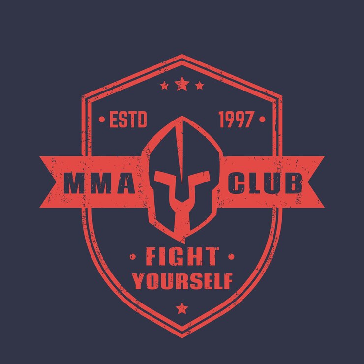 Vector emblema de la forma del escudo del club de mma, insignia, logotipo con casco espartano