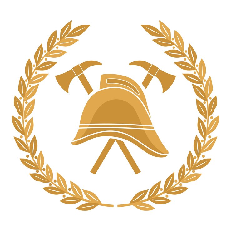 Emblema de fuego Un antiguo casco de fuego europeo y hachas están rodeados de ramas de laurel del ganador
