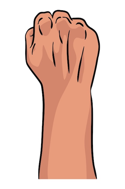 Emblema de gesto de mano con el puño levantado Vector mano apretada en el puño y subiendo símbolo aislado en fondo blanco Signo de poder Mano humana en el aire