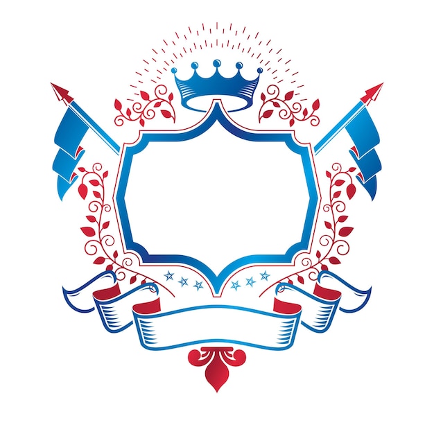 Emblema gráfico compuesto por elemento de corona real, cinta de lujo y lanzas. logotipo decorativo del escudo de armas heráldico aislado ilustración vectorial.