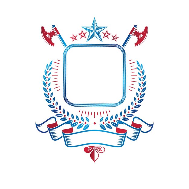 Emblema gráfico compuesto por estrella antigua, corona de laurel y hachas. Elemento de diseño vectorial heráldico. Etiqueta de estilo retro, logotipo heráldico.