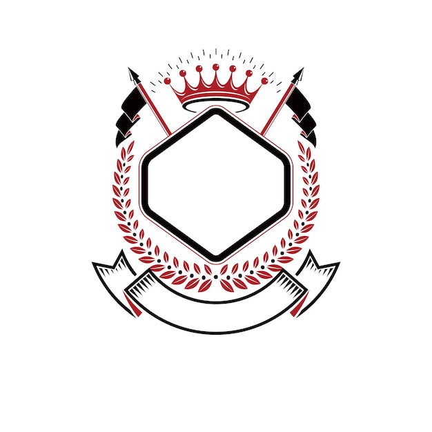 Emblema gráfico compuesto por majestuosa corona y banderas. logotipo decorativo heráldico del escudo de armas aislado ilustración vectorial