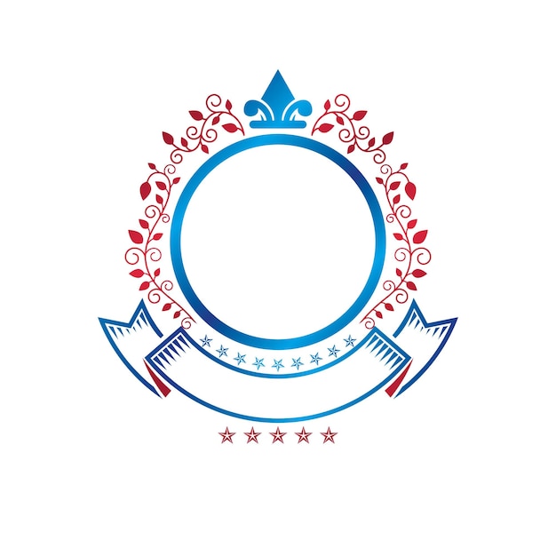 Emblema gráfico creado con el símbolo real Lily Flower y cinta decorativa. Logotipo decorativo del escudo de armas heráldico aislado ilustración vectorial.