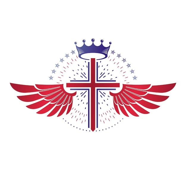 Emblema gráfico de la cruz del cristianismo. Elemento de diseño vectorial heráldico. Etiqueta de estilo retro, insignia religiosa decorada con corona de monarca de lujo y alas de pájaro de la libertad.