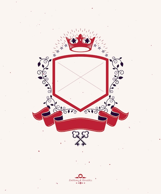 Vector emblema gráfico hecho con corona imperial y cinta decorativa roja. escudo de armas heráldico, logotipo vectorial vintage.