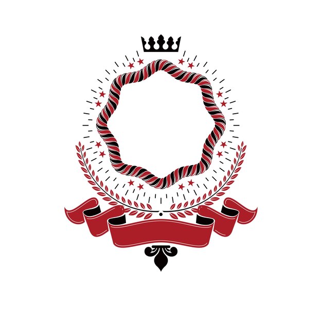 Emblema gráfico realizado con Corona imperial, elegante cinta roja y corona de laurel. Escudo de armas heráldico, logotipo vectorial vintage.