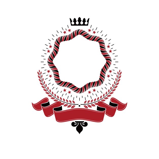 Vector emblema gráfico realizado con corona imperial, elegante cinta roja y corona de laurel. escudo de armas heráldico, logotipo vectorial vintage.