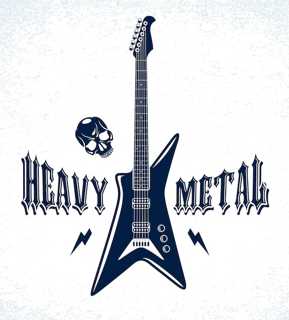 Vector emblema de heavy metal con logo de vector de guitarra eléctrica, festival de conciertos o etiqueta de club nocturno, ilustración de tema musical, tienda de guitarras o estampado de camisetas, letrero de banda de rock con tipografía elegante.