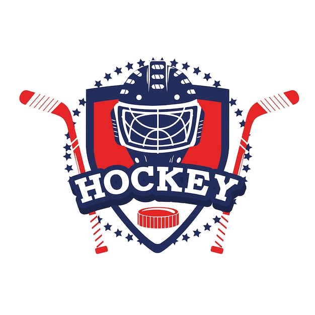 Emblema de hockey con bastones y equipamiento de casco.