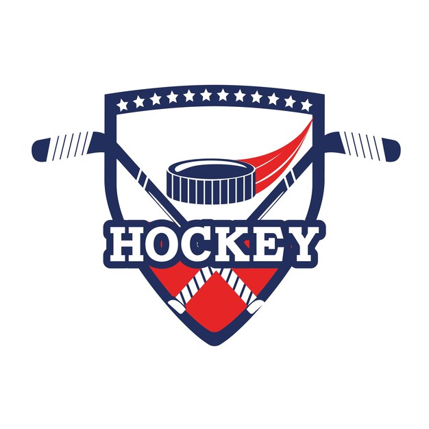 Emblema de hockey con equipo de puck y sticks.