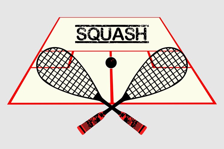 Vector emblema del icono del juego de squash, dos raquetas de squash cruzadas y una pelota en el fondo de una marca de cancha roja