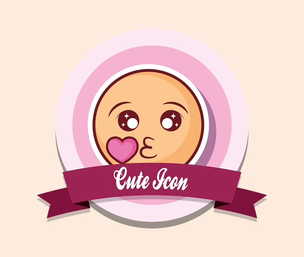 Emblema de icono lindo con cinta decorativa y el icono de emoji de beso