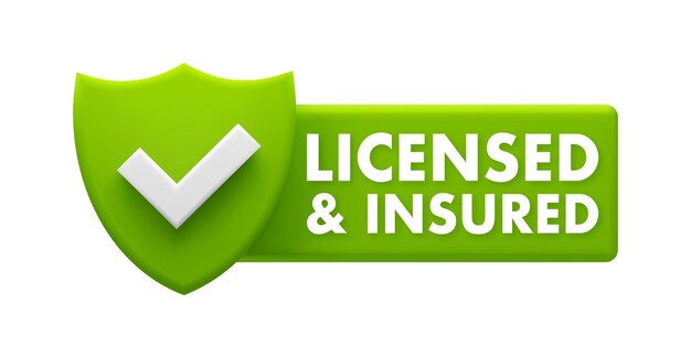 Vector emblema de licencia y asegurado, marca de verificación verde, certificación e icono de garantía