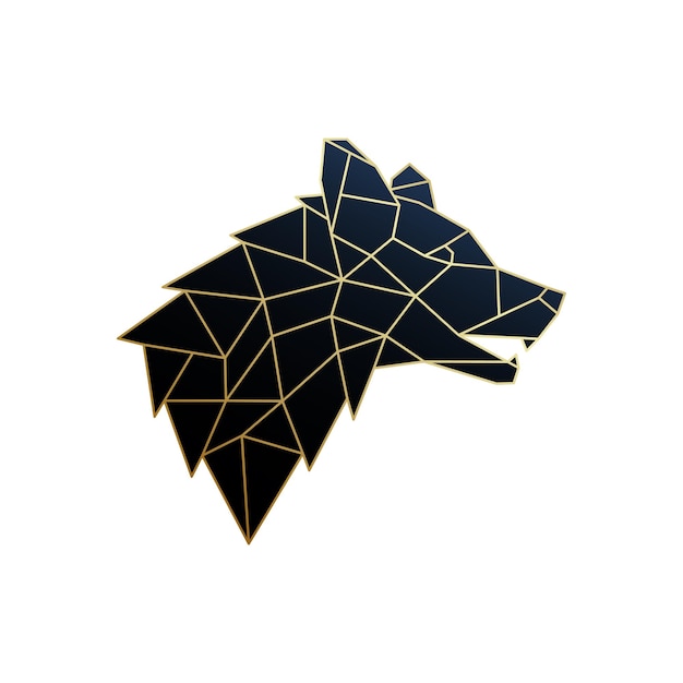 Emblema de lobo poligonal dorado aislado sobre fondo blanco