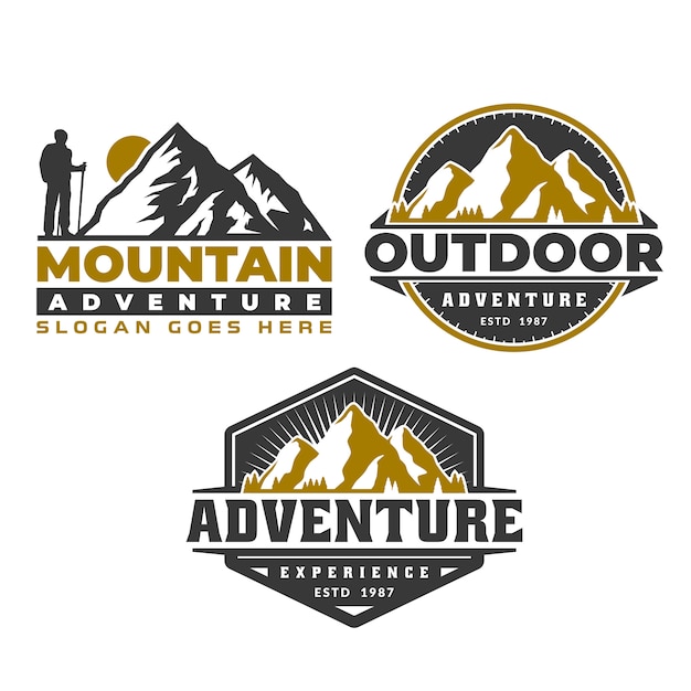 Emblema del logotipo de la aventura, plantilla del emblema del logotipo de la montaña, acampada senderismo