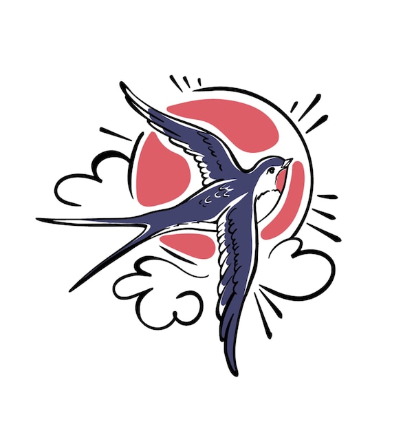Emblema del logotipo Flaing Swallow Sun. Modelo. De cerca. Clipart. Pintura a mano. Tinta. Arte lineal