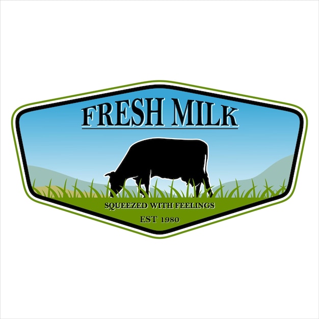 Emblema del logotipo de leche fresca con la insignia colorida de la vaca