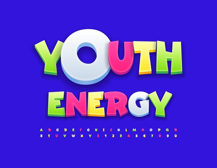 Vector emblema lúdico vectorial energía juvenil. fuente brillante creativa. letras y números coloridos del alfabeto en 3d