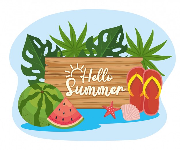Emblema de madera con plantas de hojas y flip-flop y sandía.