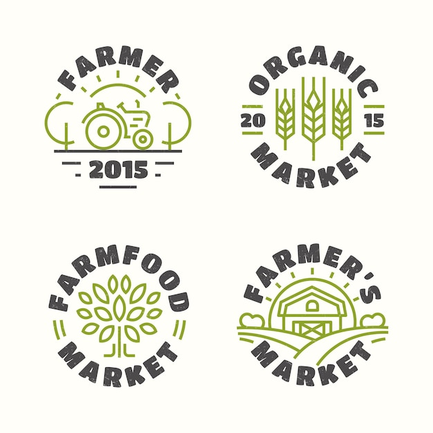 El emblema del mercado de alimentos orgánicos y agrícolas establece el estilo de línea de color aislado en el fondo para la agricultura, la compañía de productos naturales, la tienda de alimentos saludables, el café vegano, la tienda ecológica, la empresa de naturaleza, el jardín. Ilustración vectorial