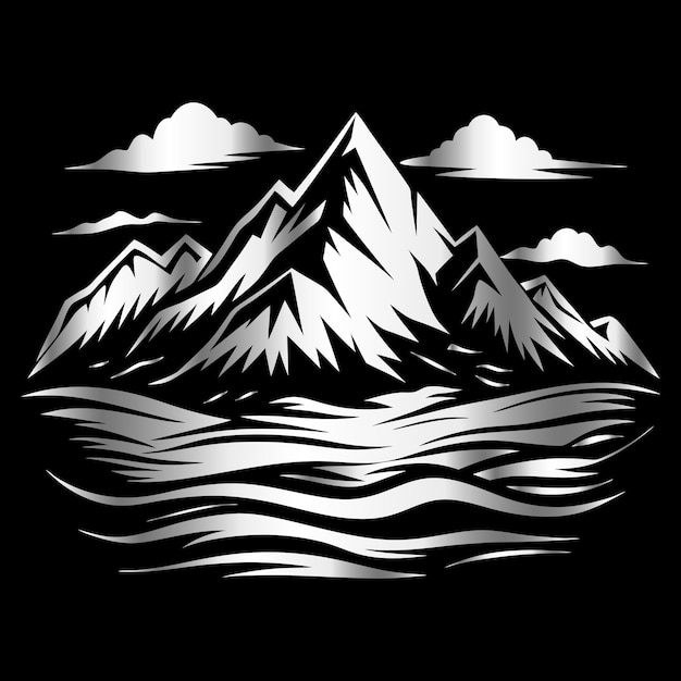 Emblema de montaña dibujado a mano vintage Bosque de abeto Pinos caminos Logo vectorial de sol
