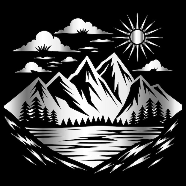 Emblema de montaña dibujado a mano vintage Bosque de abeto Pinos caminos Logo vectorial de sol
