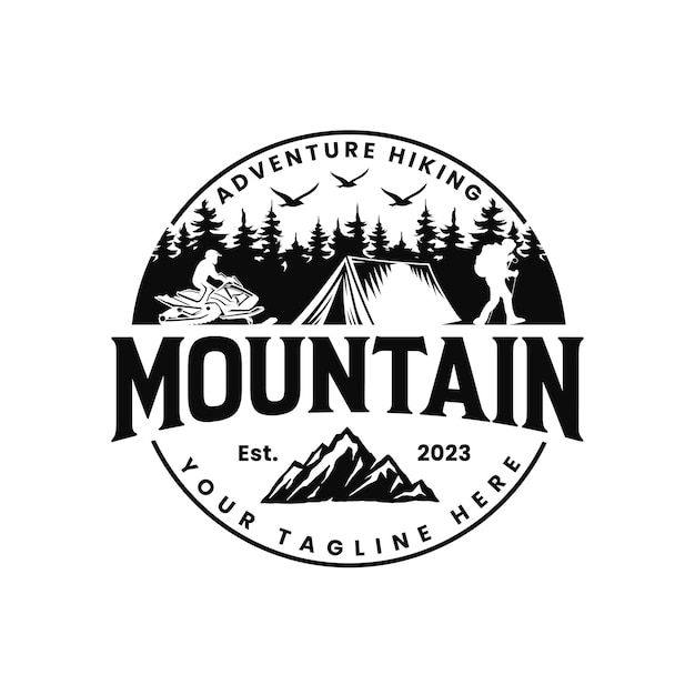 emblema de montaña logotipo de aventura de montaña senderismo viaje de montaña logotipo de moto de nieve de montaña vector