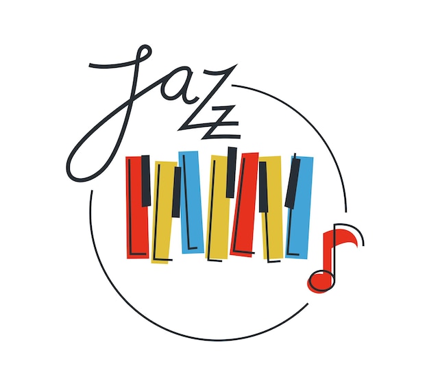 Vector emblema de música de jazz o logotipo vector ilustración de estilo plano de piano de cola aislado logotipo para sello discográfico o estudio o banda musical