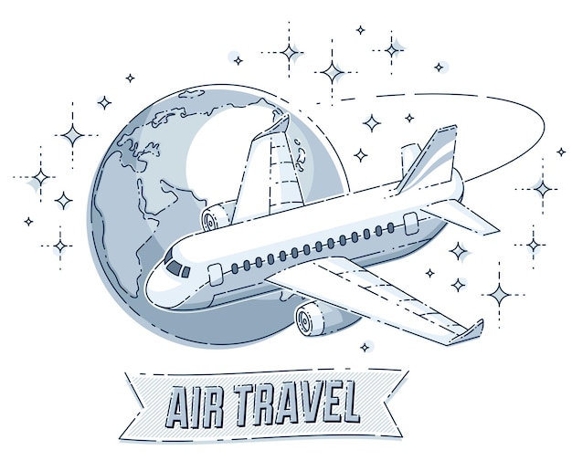 Emblema o ilustración de viajes aéreos con avión avión de pasajeros planeta tierra y cinta con escritura Vector de línea delgada hermosa aislado sobre fondo blanco