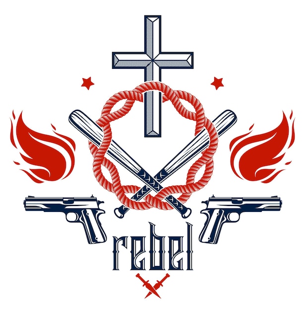 Emblema o logo gángster matón con Christian Cross, armas y diferentes elementos de diseño, tatuaje vectorial, anarquía y caos, rebelde muerto partidista y revolucionario.