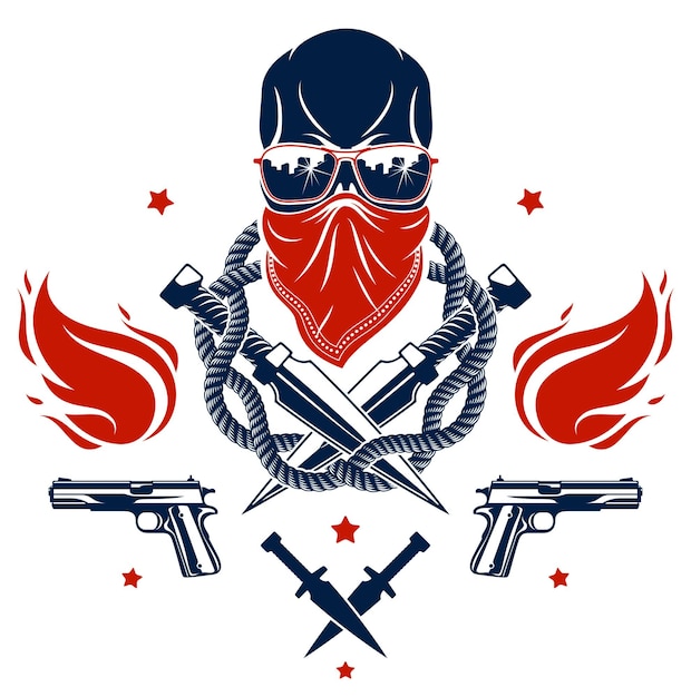 Emblema o logotipo agresivo de Anarchy and Chaos con calavera malvada, armas y diferentes elementos de diseño, tatuaje de cráneo vintage de vector, gángster rebelde criminal y revolucionario.