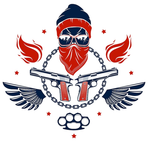 Emblema o logotipo agresivo de Anarchy and Chaos con calavera malvada, armas y diferentes elementos de diseño, tatuaje de cráneo vintage de vector, gángster rebelde criminal y revolucionario.