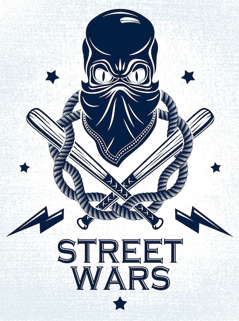Emblema o logotipo criminal brutal de pandillas con bateadores de béisbol de cráneo agresivos y otras armas y elementos de diseño vectorial anarquía crimen terror estilo retro gueto revolucionario