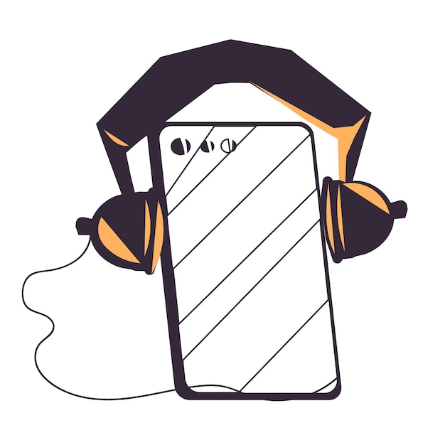 Emblema o logotipo para podcast de audio o aplicación de música con teléfono y auriculares vector plano aislado