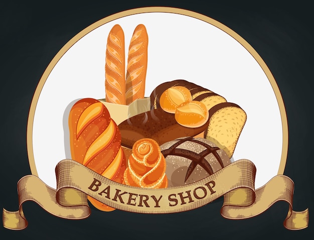 Emblema de panadería Logotipo de pan para panadería Etiqueta de marca Diseño de emblema de panadería en backgr oscuro