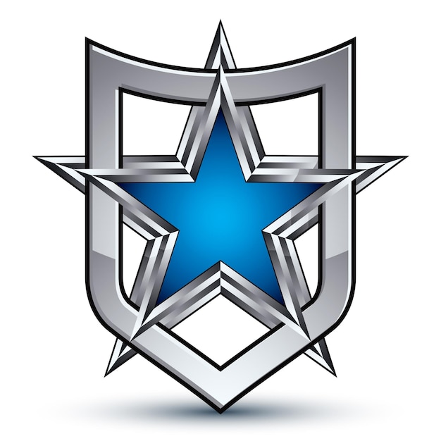 Emblema de plata vectorial de renombre con estrella pentagonal, elemento de diseño sofisticado 3d, EPS transparente 8. Escudo de armas dimensional aislado sobre fondo blanco.