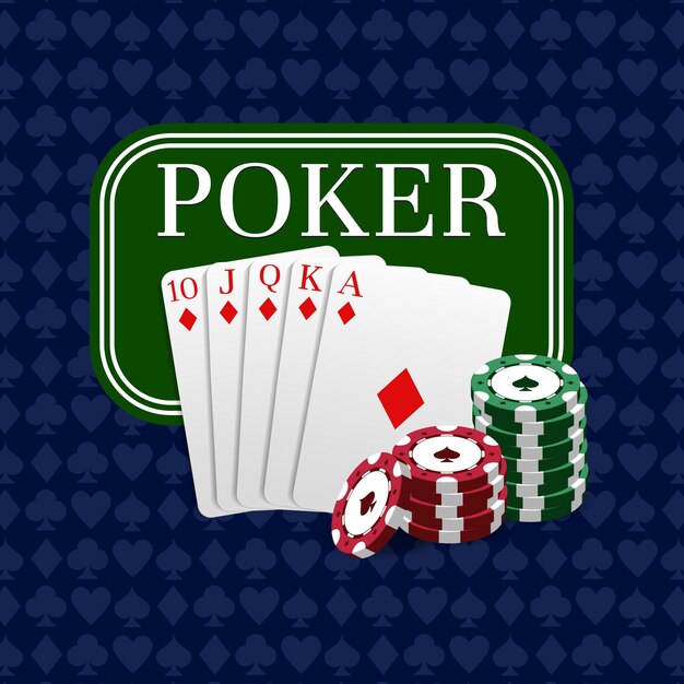 El emblema de póquer se combina con una combinación de escalera real y fichas de casino.